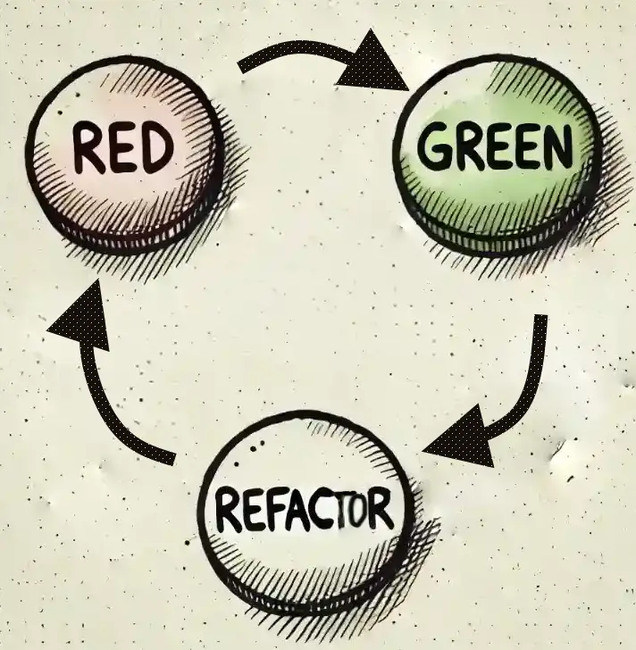 diagram showing the three steps of TDD, red to green to refactor